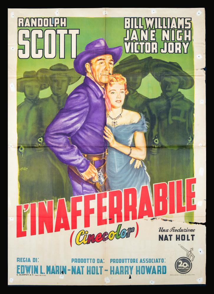 "L'inafferrabile" (Fighting Man of the Plains) è un film statunitense del 1949 diretto da Edwin L. Marin, su sceneggiatura di Frank Gruber.
Nel cast ricordiamo Randolph Scott, Bill Williams, Victor Jory e Jane Nigh.
Il manifesto cinematografico è firmato da mec. Si tratta di una delle versioni grafiche del manifesto del film americano "L'inafferrabile", a firma dell'illustratore Mec. L'autore, di cui non si hanno notizie accreditate, concepisce una composizione della pittura che unisce elementi realistici, come si nota nelle due figure ritratte al centro della scena, a elementi più sintetici, come vediamo nelle figure sullo sfondo, monocromatiche e dai tratti accennati. La pittura è caratterizzata da uno stile morbido e sfumato, tinte calde ed effetti di luce che eviden...