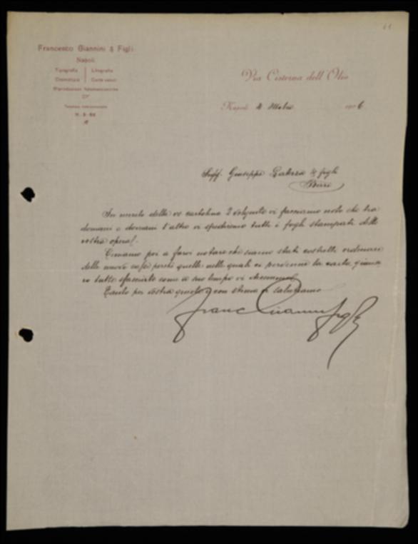 Nella lettera Francesco Giannini comunica a Laterza la prossima spedizione di tutto il materiale stampato, precisando che utilizzerà casse nuove in quanto quelle inviate a suo tempo dall'editore erano giunte completamente danneggiate.