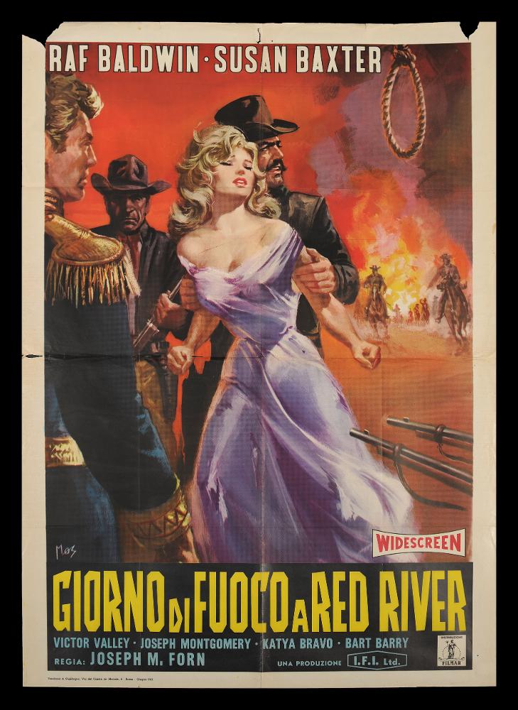 L'immagine riproduce uno dei manifesti conservati presso la Mediateca Regionale Pugliese (vedi Note). Si tratta di uno dei manifesti del film “Giorno di fuoco a Red River” del 1964 per la regia di José María Forqué. Autore del manifesto è Mario De Berardinis (Mos), appartenente alla terza generazione di pittori di cinema. Nato a La Spezia si trasferì a Roma dove ebbe il privilegio di divenire allievo di Averardo Ciriello e di Rodolfo Gasparri, tra i maggiori cartellonisti del tempo. Nella capitale riuscì ad aprire un suo studio grafico ed iniziò molte collaborazioni con diverse case di produzione. Tre sono le firme che ritroviamo sulle sue opere: all’inizio delle sua carriera firmava con il suo nome Mario De Berardinis, dagli anni Sessanta al 1975 circa utilizzò lo pseu...