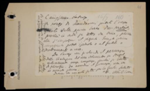 Nella cartolina, Benedetto Croce sollecita Laterza a spedire le bozze del volume di Johann F. Herbart e lo avvisa che autorizzerà la versione francese del suo volume appena pubblicato su Georg W.F. Hegel. Poi chiede informazioni sui provvedimenti adottati nei confronti di Tommaso Gnoli per il ritardo nella traduzione sul volume di Karl Vossler “Positivismo e idealismo nella scienza del linguaggio” e raccomanda la puntualità nella distribuzione del suo periodico "La Critica".