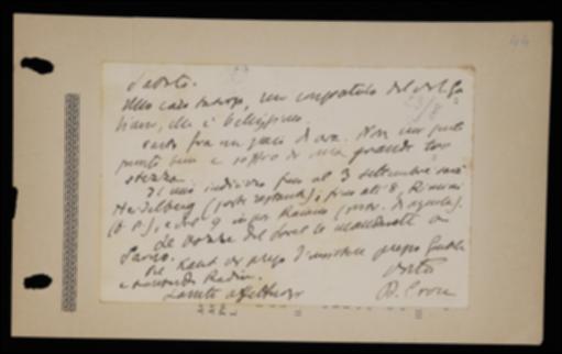 Nella cartolina, Benedetto Croce, congratulatosi con Giovanni Laterza per la buona riuscita del volume di Ferdinando Galiani, gli comunica il suo programma di soggiorno ad Heidelberg, Rimini e Raiano (L'Aquila). Lo prega poi di spedire la bozze del volume di Georges Sorel “Réflexions sur la violence” al traduttore Antonio Sarno e di sollecitare Giovanni Gentile e Giuseppe Lombardo Radice per il volume “Critica della ragion pura” di Immanuel Kant.