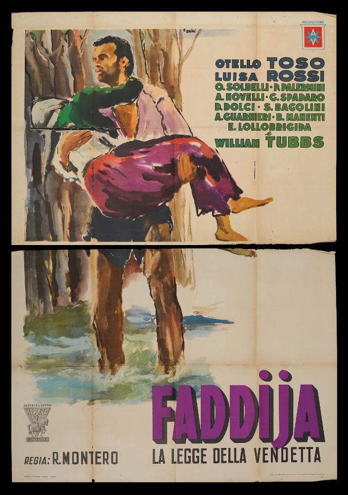 “Faddija - La legge della vendetta” è un film drammatico del 1949 diretto da Roberto Bianchi Montero, su sceneggiatura di Roberto Bianchi Montero, Pasquale Festa Campanile e Massimo Franciosa.
Il manifesto cinematografico è firmato dal celebre maestro Ercole Brini, artista che, dopo aver terminato gli studi accademici, si dedicò fin da subito alla pittura di cinema. L’utilizzo dell’acquerello nelle pennellate veloci e leggere caratterizza il suo stile impalpabile e delicato ma nello stesso tempo moderno ed originale. La scelta compositiva enfatizzata dalla ricchezza di contrasti cromatici dona drammaticità alla scena rappresentata su questo manifesto.
Il manifesto originale è conservato nell’Archivio della Mediateca Regionale Pugliese ed è costituito da due fogli separa...