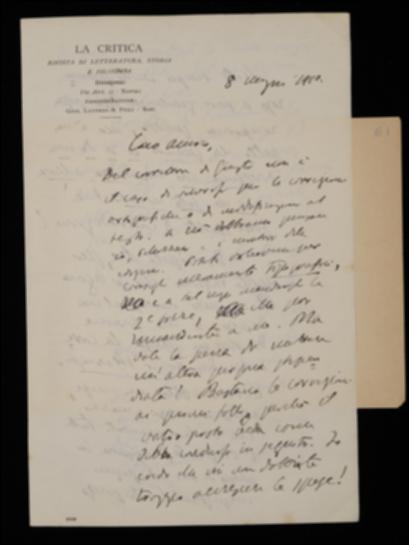 Dopo aver consigliato a Giovanni Laterza di non tenere a stipendio Giovanni Giusti, risultando la sua opera inutile alla pubblicazione degli scrittori d'Italia, Benedetto Croce nella lettera sollecita l'editore a sbrigare il suo volume sui lirici marinisti, anche rallentando la nuova composizione dei volumi di Giambattista Della Porta e di Carlo Gozzi. Infine comunica di essere in attesa delle bozze di Matteo Bandello da parte di Achille Pellizzari.