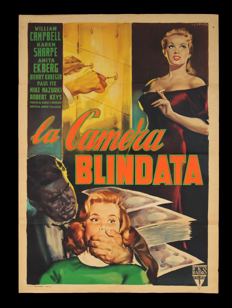 L'immagine riproduce uno dei manifesti conservati presso la Mediateca Regionale Pugliese (vedi Note). Si tratta di una delle versioni grafiche del manifesto del film americano "La camera blindata", a firma dell'illustratore bolognese Giorgio Olivetti, di cui si conserva anche l'altra versione per il manifesto 200x140. Classe 1908, Olivetti caratterizza le sue prime opere da uno stile morbido, sfumato, fatto di acquerelli delicati che rendono le forme e il volume anche grazie ad un uso sapiente dei chiaroscuri. Moderna e accattivante è la composizione realizzata per il manifesto in oggetto, in cui l'artista rappresenta più momenti narrativi e rappresentativi tratti dal film. Il forte realismo dei volti, la loro espressività, insieme all'uso di colori caldi gli permettono...