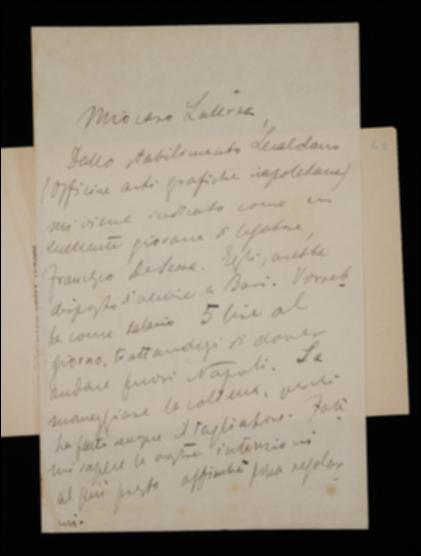 Nella lettera, Fausto Nicolini scrive a Giovanni Laterza che F. De Sessa viene raccomandato dalle Officine di Arti Grafiche Napoletane come eccellente giovane; egli sarebbe disposto a lavorare a Bari per la casa editrice Laterza a determinate condizioni.