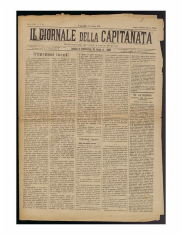 Il documento è parte della collezione del fondo libri digitalizzati della Biblioteca provinciale La Magna Capitana di Foggia, comprendente alcune monografie di diversi secoli e periodici del Novecento. Nello specifico si tratta del periodico “Il Giornale della Capitanata – Settimanale politico amministrativo”, pubblicato il 24 novembre 1920. In questo numero grande spazio è riservato all'insediamento in città del Consiglio comunale e del nuovo sindaco, l'Avv.Giuseppe Madara. Negli articoli vi è una presentazione dettagliata dei Consiglieri e dei risultati della elezione dei vari Assessori, inoltre è riportato il discorso augurale e quasi programmatico del neo sindaco. Altro argomento di grande rilevanza affrontato riguarda la mancata raccolta di cereali, soprattutto nel...