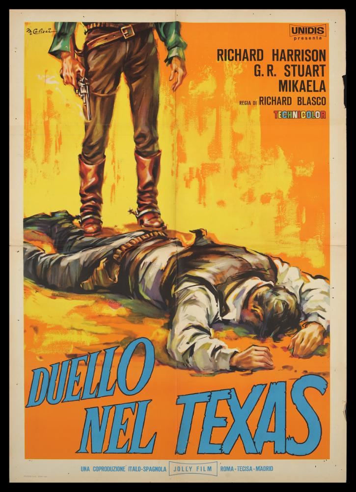 L'immagine riproduce uno dei manifesti conservati presso la Mediateca Regionale Pugliese (vedi Note). Si tratta di una delle versioni grafiche del manifesto del film italiano “Duello nel Texas”. L’illustratore del manifesto è M. Colizzi (Marcello Colizzi) come si evince dalla firma in corsivo, presente in alto a sinistra. Tra i maggiori rappresentanti dei cartellonisti italiani del cinema, Colizzi vanta un repertorio di circa 300 manifesti per il cinema nazionale ed internazionale, a firma sia personale che per conto dello studio professionale d’arte e di fotografia di Ercole Brini. Figlio d’arte - ricordiamo il padre Gioacchino Colizzi (Attalo) tra i fondatori del giornale umoristico romano degli anni cinquanta Il Marc’Aurelio - Marcello qui concepisce una realizzazion...