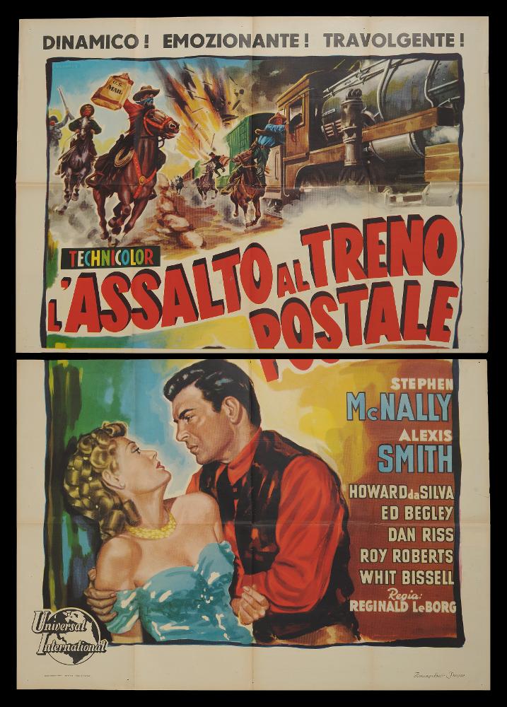 L'immagine riproduce uno dei manifesti conservati presso la Mediateca Regionale Pugliese (vedi Note). Si tratta di uno dei manifesti del film western “L’assalto al treno postale” del 1950 per la regia di Reginald Le Borg. La composizione grafica è a firma di De Amicis (Aldo De Amicis) come si evince dalla firma in alto a destra. Illustratore romano, ha iniziato la sua carriera come vignettista del periodico a fumetti “Il Vittorioso”, opportunità che gli permise una maturazione stilistica tale da renderlo più sicuro e pronto per il mondo della cartellonistica. L’illustrazione colpisce per la grandezza del manifesto diviso in due parti e ricco nei dettagli dei momenti narrati. De Amicis utilizza in maniera sapiente lo sfumato e le pennellate larghe dei colori molto caldi ...