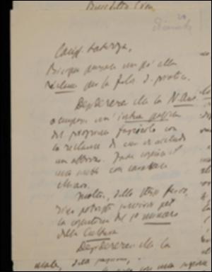 Nella lettera, Benedetto Croce esprime all'editore Laterza il desiderio di reclamizzare, sulla Nuova Antologia, il proprio volume di filosofia della pratica e a tal fine allega una bozza di annuncio pubblicitario.
