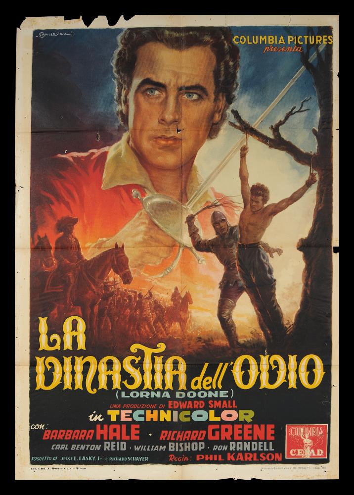 L'immagine riproduce uno dei manifesti conservati presso la Mediateca Regionale Pugliese (vedi Note). Si tratta di una delle versioni grafiche del manifesto del film “La dinastia dell’odio”, del 1951 per la regia di Phil Karlson. Il manifesto è a firma di Ballester Anselmo (Ballester), classe 1897, spagnolo di origine, considerato uno dei capostipiti della pittura di cinema, formatosi presso lo studio pubblicitario dedicato al cinema fondato dal padre Federico insieme a Martinati e Capitani, il primo assoluto in Italia. Le opere più famose di Ballester sono composte di atmosfere nebbiose ed effetti drammatici, colori cupi e tonali. La composizione grafica qui è suddivisa in più livelli, sullo sfondo, illuminato da una luce che irrompe da destra, il primo piano intenso d...