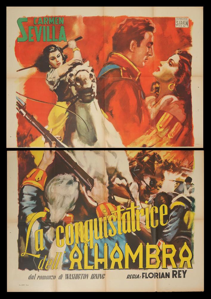L'immagine riproduce uno dei manifesti conservati presso la Mediateca Regionale Pugliese (vedi Note). Si tratta della versione grafica del manifesto di "La conquistatrice dell'Alhambra", film spagnolo del 1954. La bella composizione si caratterizza per una pittura fatta di pennellate fluide e larghe, di pochi colori netti che si amalgamano armoniosamente in tutto l'insieme. Il taglio è moderno e dinamico, con un punto di vista ravvicinato che coinvolge pienamente il fruitore. Anche se privo di firma, l'opera si inserisce nella produzione pittorica tradizionale dei manifesti degli anni '50. Il manifesto in oggetto, in originale, è conservato in due parti, come si evince dalla riproduzione digitale che evidenzia i due pezzi separati....
