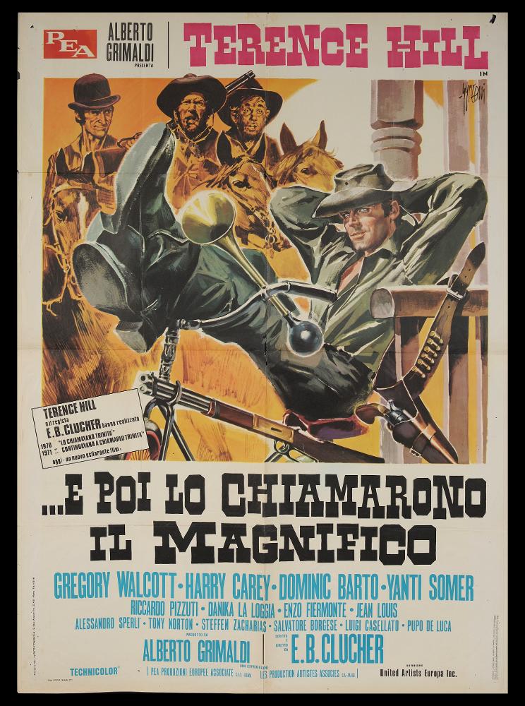 L'immagine riproduce uno dei manifesti conservati presso la Mediateca Regionale Pugliese (vedi Note). Si tratta della versione grafica realizzata per il manifesto del film "...E poi lo chiamarono il Magnifico", a firma di Symeoni, di cui si conserva dello stesso film anche la locandina. Noto per essere uno dei pittori di cinema più prolifici, Sandro Symeoni si distinse per una grande pittoricità, un gusto originale basato sulla bellezza formale, soprattutto femminile, e più tardi per composizioni moderne basate su ritmi spezzati e drammatici. Realizzata agli inizi degli anni '70 per il film western italiano, l'illustrazione pittorica in oggetto si caratterizza per pennellate molto rapide, schizzate, che contraddistinguono il tratto moderno di Symeoni, fatto anche di con...