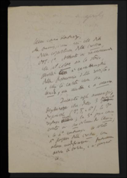 Nella lettera, Benedetto Croce approva la copertina scelta da Giovanni Laterza per la ristampa della prima annata de “La Critica” e gli fornisce alcune istruzioni relative agli spazi pubblicitari sia della medesima ristampa che del fascicolo di prossima pubblicazione. Sollecita poi l'editore ad ordinare la carta per i volumi del suo sistema filosofico successivi a quello di estetica e gli raccomanda la composizione del volume di Immanuel Kant e la conclusione di quello di Ferdinando Galiani. Infine auspica che Laterza sia a Napoli prima della sua partenza per la Sicilia. Invia in allegato bozza manoscritta del foglio pubblicitario da inserire nel fascicolo di maggio de “La Critica”.