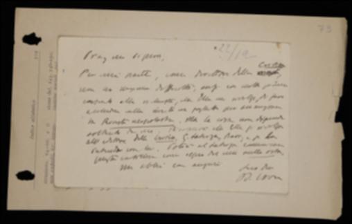 Nella cartolina, Benedetto Croce in qualità di direttore de "La Critica" esprime a Giulio Canella il suo parere favorevole ad inserire nel periodico un foglio pubblicitario per la rivista di neoscolastica; tuttavia lo invita a rivolgersi direttamente all'editore Laterza inoltrandogli anche la presente missiva come nullaosta.