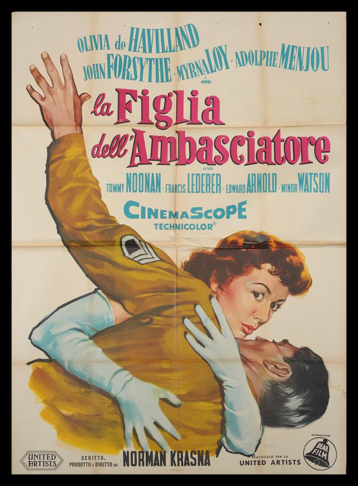 L'immagine riproduce uno dei manifesti conservati presso la Mediateca Regionale Pugliese (vedi Note). Si tratta di una delle versioni del manifesto del film "La figlia dell'ambasciatore". Giuliano Nistri firma questa vivace illustrazione pittorica, in cui colpiscono immediatamente i due personaggi stretti in un abbraccio romantico e ironico allo stesso tempo. Su fondo bianco, tutta la composizione ruota intorno al ritratto bellissimo e fedele dell'attrice Olivia de Havilland, che recita il ruolo di una giovane donna, figlia dell'ambasciatore, intraprendente e un po' ribelle. Nistri è un pittore talentuoso, alla ricerca costante di composizioni intense, ma sempre nuove ed originali. Le sue scene cupe e drammatiche, con chiaroscuri accentuati sono sempre stati la sua nota...