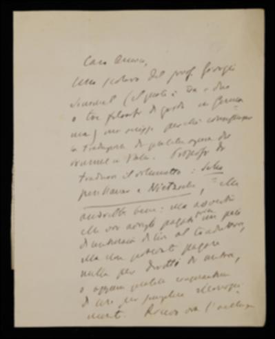 Nella lettera, Benedetto Croce propone a Giovanni Laterza di pubblicare, a determinate condizioni, il volume “Schopenhauer und Nietzsche” di Georg Simmel in traduzione italiana a cura di Giuseppe Caffi, da inserire nella “Biblioteca di cultura moderna”. L'editore può scrivere, se lo ritiene opportuno, direttamente al Simmel per regolare la questione dei diritti d'autore. In allegato vi è la missiva del Caffi al Croce datata Charlottenburg, 8 novembre 1910.