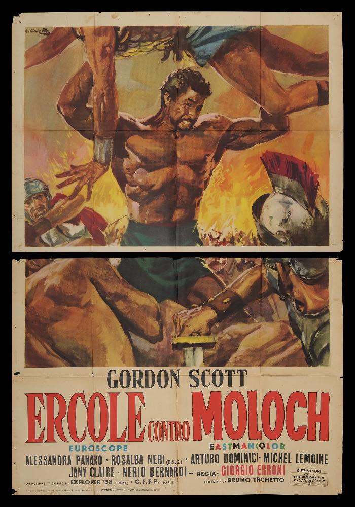 “Ercole contro Moloch” è un film del 1963 diretto da Giorgio Ferroni, su sceneggiatura di Remigio Del Grosso, Arrigo Equini e Giorgio Ferroni.
Il manifesto cinematografico è firmato dal celebre pittore di cinema Averardo Ciriello, milanese classe 1918. Il suo stile pittorico è colto, maturo e raffinato sia nei ritratti sia nelle scene in cui il colore è utilizzato in tutte le sue gamme, conferendo all’immagine una dinamicità potente e una narrativa straordinaria.
Il manifesto originale è conservato nell’Archivio della Mediateca Regionale Pugliese ed è costituito da due fogli separati....