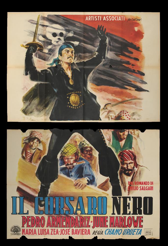 L'immagine riproduce uno dei manifesti conservati presso la Mediateca Regionale Pugliese (vedi Note). Si tratta di una delle versioni grafiche per il manifesto del film "Il corsaro nero" (1944), a firma di Rinaldo Gèleng. Artista poliedrico ed eclettico, dopo gli studi d'arte, visse e lavorò per molti anni a Parigi, poi a Milano dove realizzò una serie di copertine per Mondadori e infine a Roma, dove realizzò alcuni manifesti per i film di Fellini. Il suo stile fresco e pittorico è fatto di pennellate liquide e sfumate, con spunti grafici originali, composizioni personali, in cui rivela la sua dote di ritrattista. Caratteristiche che si notano anche in quest'opera, in cui l'ambientazione avventurosa tra i pirati è ben evidente e anche la posa, ben definita e aggraziata ...