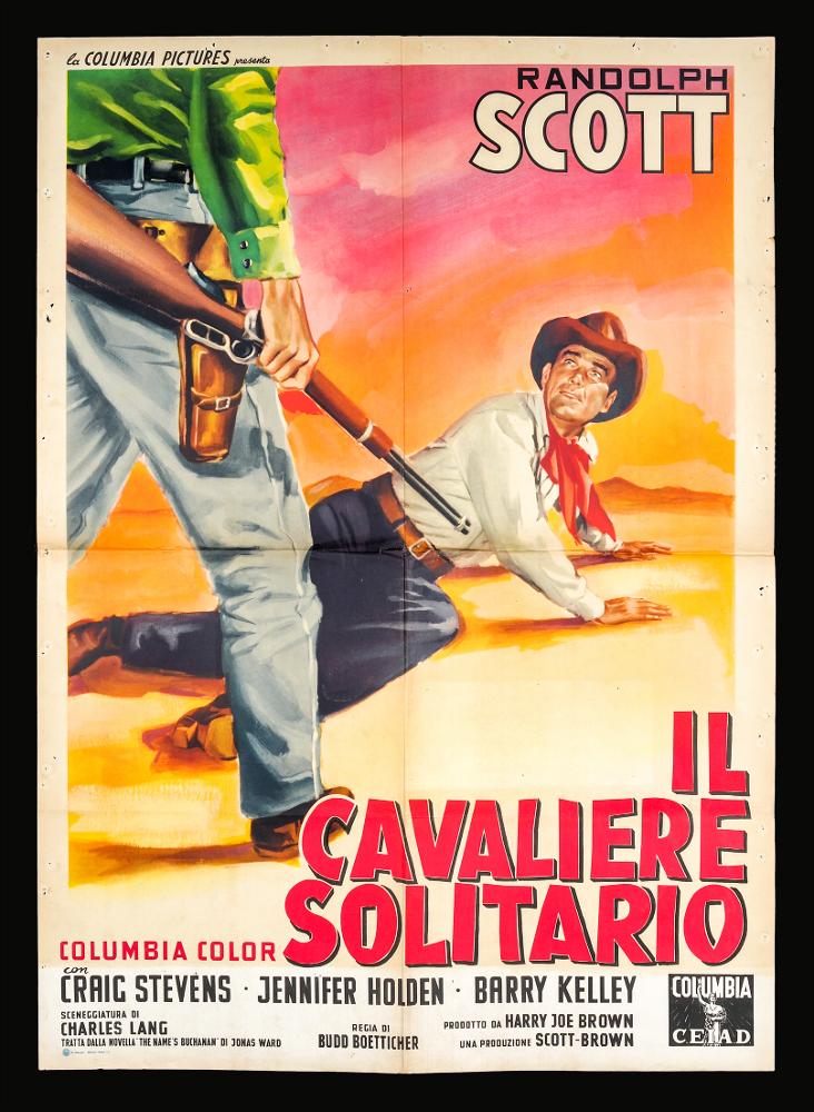 L'immagine riproduce uno dei manifesti conservati presso la Mediateca Regionale Pugliese (vedi Note). Si tratta della versione grafica per il manifesto del film “Il cavaliere solitario”. Senza firma, si inserisce tra le composizioni di pittura da cinema piuttosto tradizionale, soprattutto quelle dedicate al tema western. Si mostra dunque notevole per il punto di vista della scena descritta, che coinvolge lo spettatore quasi immergendolo all'interno dell'azione, per i colori caldi e luminosi e il forte realismo dei personaggi....