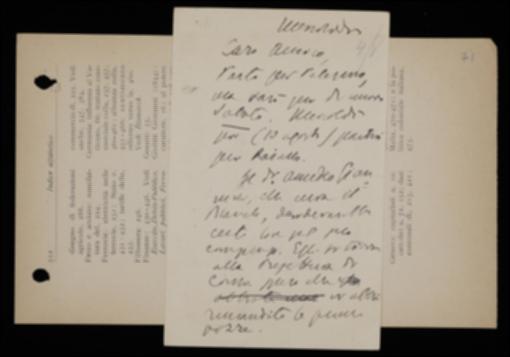 Avvertito Giovanni Laterza di un suo breve soggiorno a Palermo prima della partenza per Raiano, nella cartolina Benedetto Croce lo sollecita a completare la tiratura del suo volume sui lirici marinisti e riferisce che Amedeo Giannini, curatore del volume di Luigi Blanch, chiede la corresponsione del compenso pattuito.