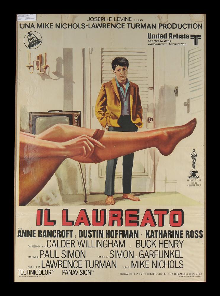 “Il laureato” (in inglese The Graduate) è un film statunitense del 1967 di Mike Nichols, vincitore di Premio Oscar nel 1968 per la migliore regia, su sceneggiatura di Calder Willingham, Buck Henry e Charles Webb, e basato sull'omonimo romanzo di Charles Webb. 
Il laureato è uno tra i film più iconici degli anni sessanta, tra i più grandi successi di critica e pubblico del cinema statunitense. Nel cast Dustin Hoffman, Anne Bancroft e una giovane Katharine Ross, le cui interpretazioni valsero tre candidature al premio Oscar. Anche la colonna sonora vanta numerosi brani di successo, tra i quali spiccano The Sound of Silence e Mrs. Robinson del duo folk rock Simon & Garfunkel.
Il manifesto originale è conservato nell’Archivio della Mediateca Regionale Pugliese....