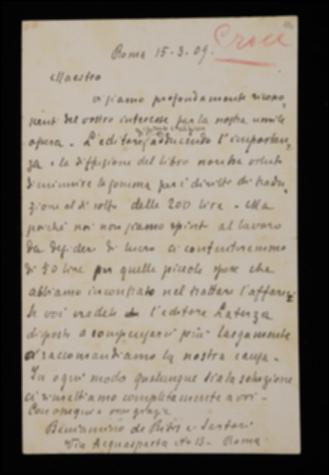 Nella lettera, Beniamino De Ritis e Sartori propongono tramite Benedetto Croce a Giovanni Laterza la pubblicazione della traduzione italiana del volume "Science et religion dans la philosophie contemporaine" di Emile Boutroux. Evidentemente la missiva fu inoltrata da Croce a Laterza.