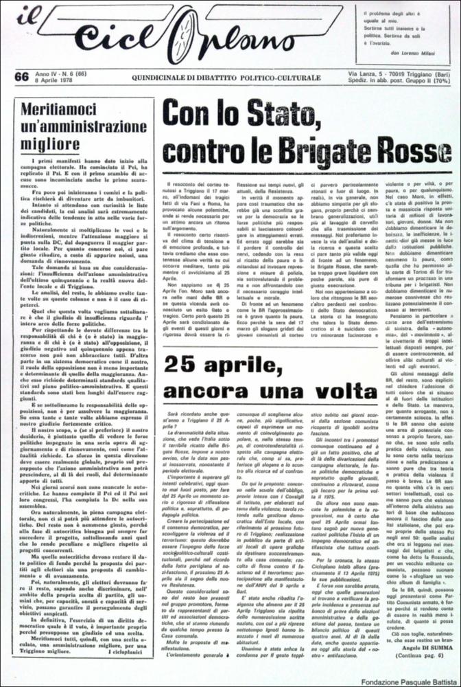 “Il Cicloplano” è un periodico della città di Triggiano (Ba), un quindicinale di dibattito politico-culturale e di cronaca locale e non solo dagli anni Settanta agli anni Ottanta.
La Fondazione Pasquale Battista si è occupata della digitalizzazione di alcuni numeri del suddetto periodico, allo scopo di conservare tale importante documentazione sulla storia di questa città.
La Fondazione, infatti, persegue la mission di incentivare la diffusione del patrimonio culturale locale e di diffondere le idee e la sensibilità dello storico Pasquale Battista, a cui la Fondazione è dedicata, per tramandare nel tempo il suo impegno sociale e la sua dedizione....