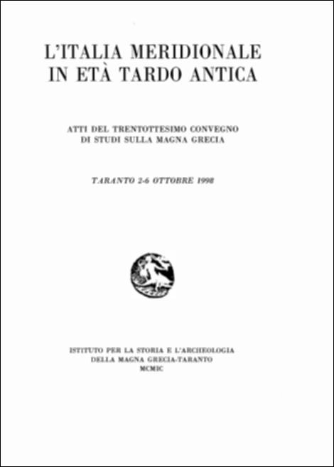 Il volume digitalizzato contiene gli Atti del trentottesimo convegno di Studi sulla Magna Grecia, svoltosi a Taranto dal 2 al 6 ottobre 1998 pubblicato dall'Istituto per la Storia e l'Archeologia della Magna Grecia con i contributi del Consiglio Nazionale delle Ricerche, del Ministero per i Beni Culturali e Ambientali. Il convegno "L'Italia meridionale in età tardo antica" destò perplessità, in quanto alcuni sostennero che la Magna Grecia al tempo non era più un'area culturalmente omogenea e distinta anche politicamente dalla parte restante d'Italia, ma partendo dalla memoria storica, dallo studio delle tradizioni ancora presenti e vive era possibile riconoscere gli echi della civiltà italiota non solo in quelle città come Napoli o Taranto che avevano posto resistenza a...