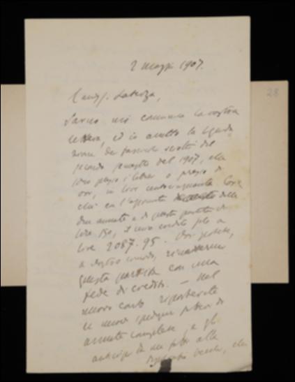Nella lettera, Benedetto Croce chiede a Laterza di mettere in commercio un suo contributo per gli "Atti dell'Accademia Pontaniana"; lo sollecita a rispondere circa la disponibilità di copie del suo periodico e gli comunica di aver spedito materiale per il volume di Vittorio Imbriani.