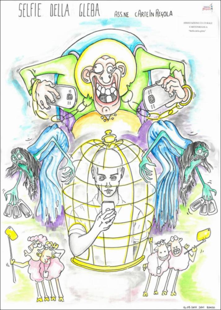 Con l'edizione 2017 il Carnevale di Putignano ha scelto come tema ispiratore per la realizzazione dei carri "la mostruosità".
Questo bozzetto dal titolo 'selfie della gleba', realizzato dall'Associazione "CArteinregola", mette in luce come l’umanità sia schiava dell’apparire, stregata dallo schermo fino a non capire il suo essere in gabbia e l'essere manipolata dagli alti sistemi. Questo universo virtuale accarezza l’ego dell’umanità incatenata e stregata dagli schermi luminosi....