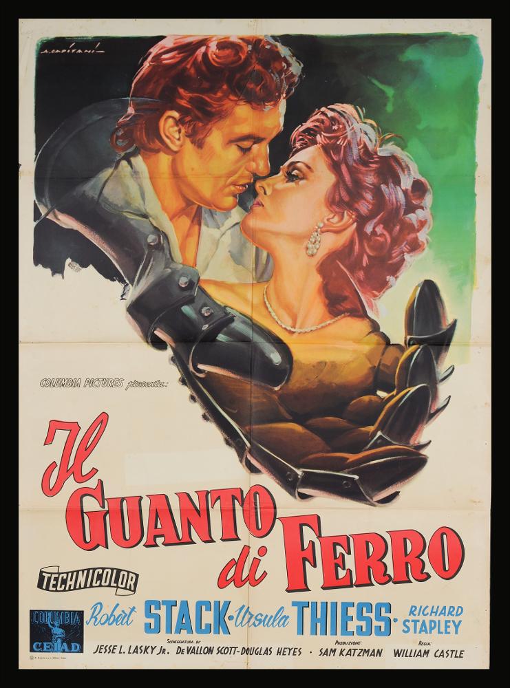 L'immagine riproduce uno dei manifesti conservati presso la Mediateca Regionale Pugliese (vedi Note). Si tratta di una delle versioni grafiche per il manifesto del film "Il guanto di ferro" del 1954 per la regia di William Castle, a firma dell’illustratore Alfredo Capitani. Pittore di cinema del primo periodo, Capitani fondò uno studio nel 1919 per la realizzazione di manifesti pubblicitari e poi con Luigi Martinati una società per il lancio di pellicole cinematografiche. Di questa composizione colpisce la scelta di rappresentare iconograficamente il guanto di ferro, richiamato nel titolo, rendendolo un grande supporto che raccoglie un intenso momento tra i due protagonisti del film. Nella parte superiore lo fondo, un po’ distaccandosi dai colori brillanti utilizzati so...