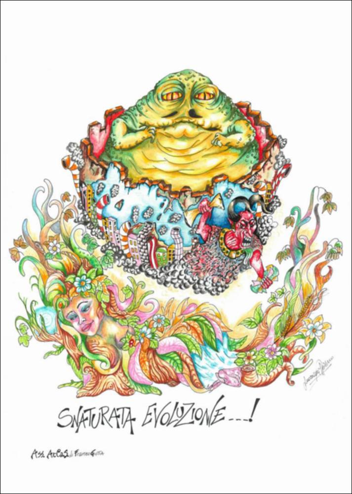 Per l'anno 2015 il tema ispiratore dei carri allegorici scelto dalla Fondazione Carnevale di Putignano è "I vizi capitali".
Il bozzetto, realizzato dall’Associazione Arcas guidata da Franco Giotta, rappresenta Madre Natura, figura soave e candida, forza generatrice, circondata da vegetazione rigogliosa. A contrastarla c'è il dio del Caos, dalle sembianze di Diavolo, che offre ricchezze e inquinamento in cambio dell’anima. In questo miscuglio di lussuria, avarizia e ingordigia nasce un essere vizioso dall’aspetto di anfibio con braccia antropomorfe e privo di arti inferiori, Jabba the Hutt, personaggio noto della saga fantascientifica Guerre Stellari, caratterizzato da un appetito insaziabile.
Il bozzetto è opera di Marino Guarnieri, realizzato con l'uso di matite colora...