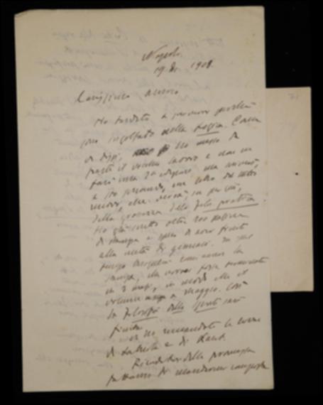Nella lettera, Benedetto Croce comunica a Laterza di essere a buon punto nella stesura del suo volume di logica, di avergli spedito le bozze dei volumi di Arturo Labriola e di Immanuel Kant, di non ritenere valido il volume di economia politica proposto da Tullio Martello. Croce invita poi Laterza a rispettare gli accordi circa le bozze della "Critica della ragion pratica" dello stesso Kant e ad informare, tramite Raffaele Cotugno, gli eredi di Tari Antonio della pubblicazione del suo volume di saggi; lo sollecita anche ad inviargli le bozze della sua prefazione al volume di Georges Sorel e a continuare la composizione del volume di Gottfried W. Leibniz, aggiungendo di aver pronto il manoscritto del volume di David Hume. Inoltre il filosofo informa l'editore barese di v...