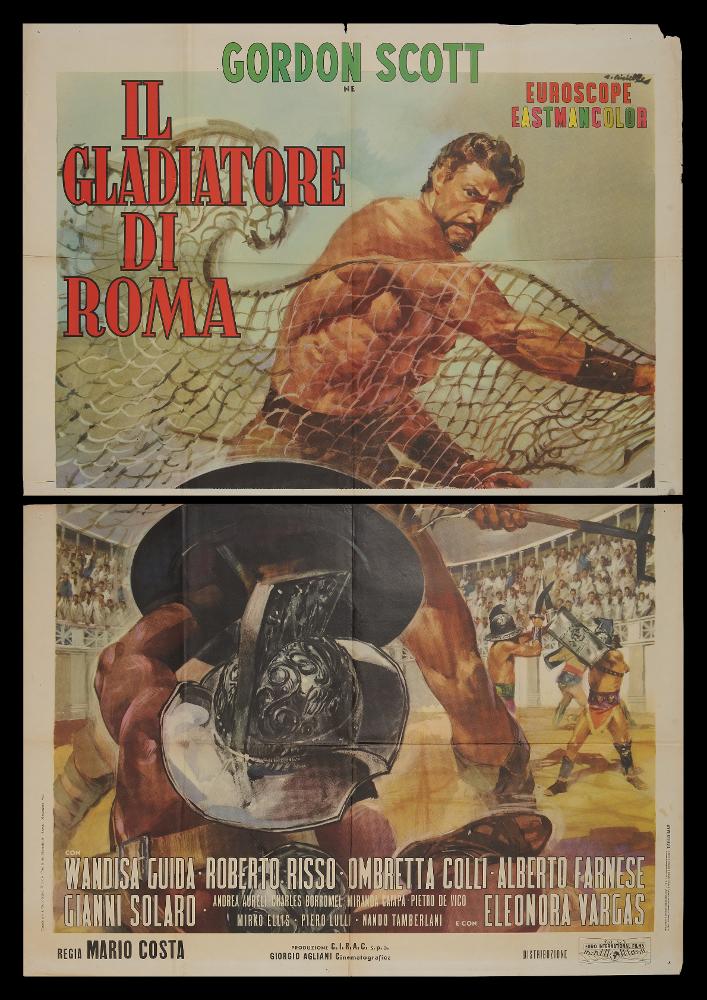 Il gladiatore di Roma è un film italiano del 1962 diretto da Mario Costa, su sceneggiatura di Giuseppe Mariano e Gian Paolo Callegari.
Il manifesto cinematografico è firmato dal celebre pittore di cinema Averardo Ciriello, milanese classe 1918. Il suo stile pittorico è colto, maturo e raffinato sia nei ritratti sia nelle scene in cui il colore è utilizzato in tutte le sue gamme, conferendo all’immagine una dinamicità potente e una narrativa straordinaria.
Il manifesto originale è conservato nell’Archivio della Mediateca Regionale Pugliese ed è costituito da due fogli separati....