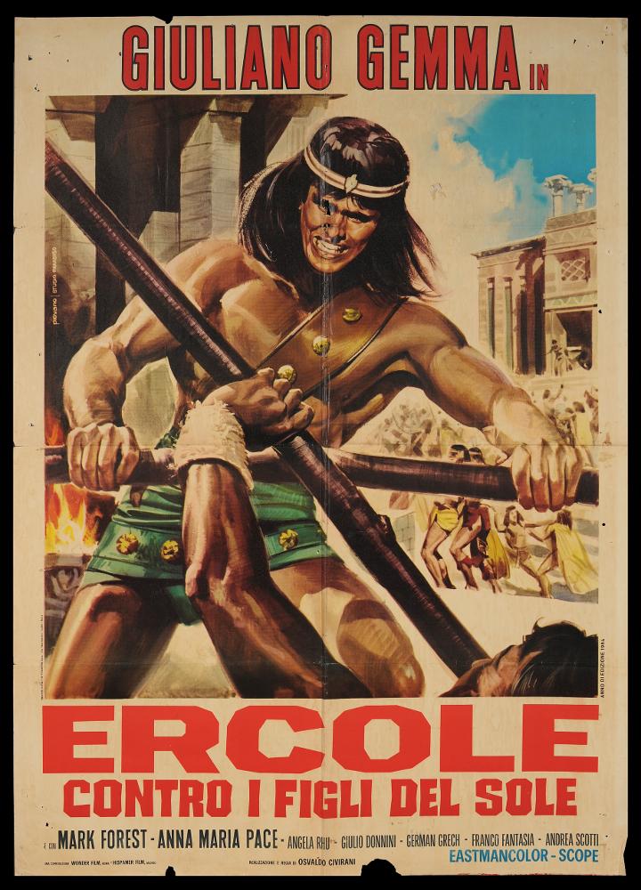 L'immagine riproduce uno dei manifesti conservati presso la Mediateca Regionale Pugliese (vedi Note). Si tratta del manifesto del film italiano "Ercole contro i figli del Sole", a firma di Piovano per lo Studio Paradiso, con il quale realizzerà molti manifesti per il cinema. Anche questa composizione si contraddistingue per realismo e la caratterizzazione dei personaggi, in questo caso quello del guerriero Maytha interpretato dall'attore Giuliano Gemma, ripreso in un momento di tensione espressiva dovuto alla lotta. Chiara e armoniosa è tutta la scena rappresentata con la giusta prospettiva su uno sfondo architettonico che riprende le città antiche, per un'ambientazione che richiama perfettamente il tema mitologico....