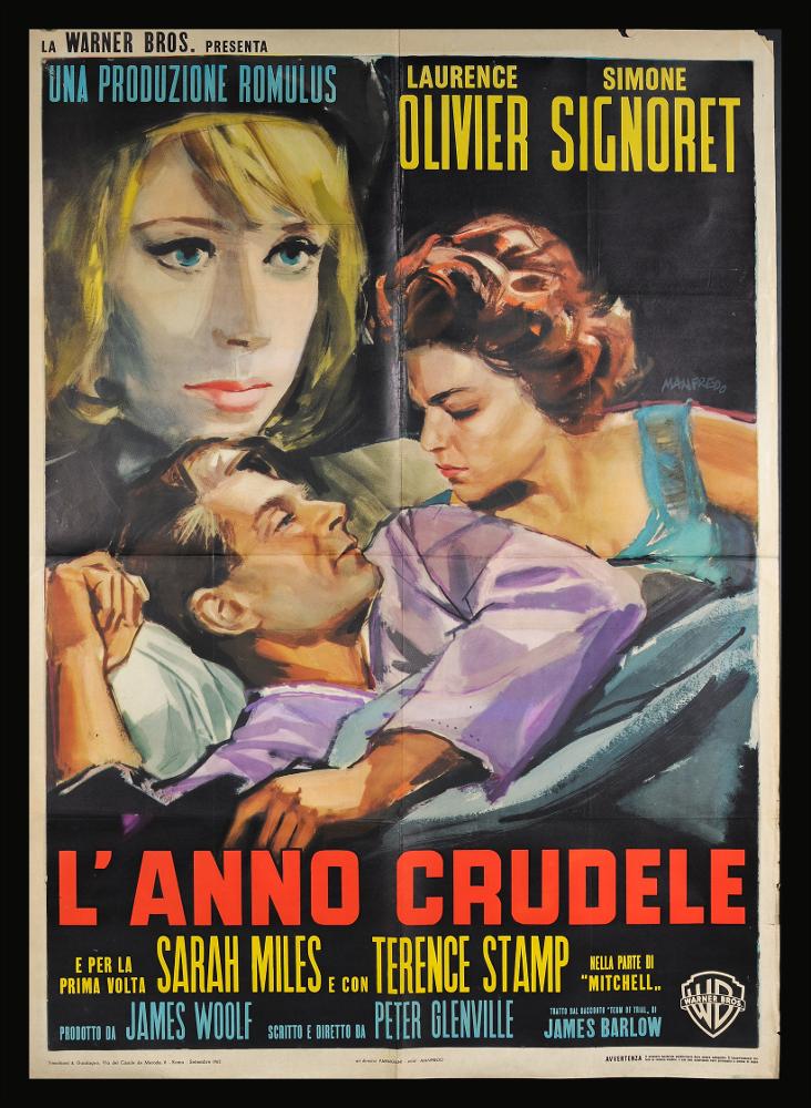 L'immagine riproduce uno dei manifesti conservati presso la Mediateca Regionale Pugliese (vedi Note). Si tratta di una delle versioni grafiche per il manifesto del film “L'anno crudele” del 1962 per la regia di Peter Glenville. La firma che leggiamo in alto a destra appartiene all’illustratore Acerbo Manfredo (Manfredo), abruzzese di nascita, formatosi all'Accademia di Belle Arti di Roma. La sua carriera lavorativa lo vede insegnante di pittura, grafico e illustratore per il cinema. Il suo stile è contraddistinto da un segno grafico espressionista, dall'accostamento del nero a colori accesi e da una composizione fatta di macchie e pennellate rapide, molto contemporanee, che certamente lo distingueranno dagli altri pittori di cinema, rendendolo inequivocabilmente riconos...