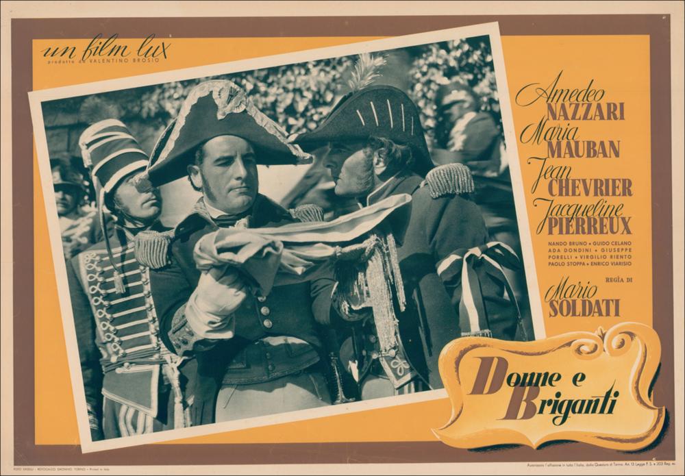 L'immagine digitale è la riproduzione del manifesto cinematografico del film “Donne e briganti” elaborata in occasione della mostra "Cinema 150 anni. Mostra di manifesti cinematografici d'epoca sul Risorgimento". La mostra, allestita negli spazi della Mediateca Regionale di Bari, è stata realizzata nel 2011 dall'Ufficio Attività culturali e audiovisivi, afferente al Servizio Cultura e Spettacolo della Regione Puglia, in occasione delle celebrazioni dei 150 anni dell'Unità d'Italia. Come in molte delle locandine e fotobuste realizzate negli anni cinquanta del Novecento, a predominare la scena è il colore. Un vivace giallo ocra contrasta con il bianco e nero del fotogramma del film in cui sono riconoscibili gli attori Maria Mauban e Amedeo Nazzari, rispettivamente Mariett...