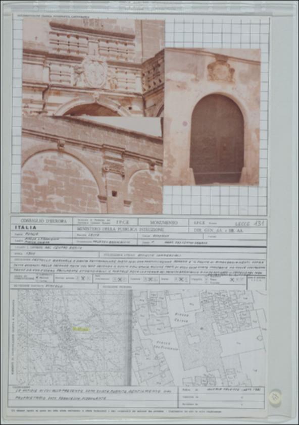 La scheda in oggetto è parte del volume “Censimento delle opere fortificate in Puglia”, risultato dell'attività promossa dalla Regione Puglia tra il 1981 e il 1982, per individuare e descrivere le principali costruzioni in muratura presenti nel territorio. Composta da due fogli sciolti, è redatta da Gloria Valente nel settembre 1981. Palazzo Brancaccio è situato a Ruffano in provincia di Lecce, nel centro storico. Il castello baronale sorge sui resti di una fortificazione romana e risale al XIV secolo, con rimaneggiamenti nel XVII secolo. La struttura fortificata si sviluppa secondo una planimetria rettangolare e su due livelli in altezza. I prospetti con muratura faccia a vista sono arricchiti da elementi decorativi ripetuti ritmicamente, quali archi e colonne. Al pala...