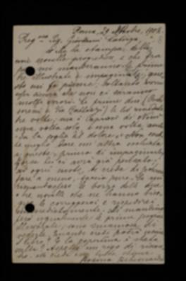 Nella cartolina, Rosina De Leonardis manifesta soddisfazione per l'annunciato invio delle prime tre novelle illustrate e impaginate. Chiede di rivedere le bozze de "I capricci di Ninì" e "Su la soglia del dolore". Sollecita informazioni sulla copertina e sull'uscita del volume.