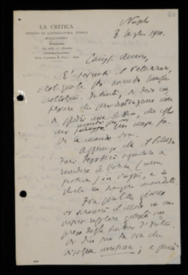 Inviando a Giovanni Laterza una lettera di Achille Pellizzari e rivelandogli che questi ha continuato a correggere bozze degli scrittori d'Italia nonostante la disdetta del contratto, Benedetto Croce lo informa di lunghi colloqui con lo stesso Pellizzari, tornato a Napoli, e gli anticipa che a breve si avrà una proposta di riorganizzazione della redazione della nuova collana; l'esigenza principale sarà quella di unificare le revisioni, facendo a meno sia di Giovanni Giusti che di Riccardo Zagaria. Il filosofo comunica poi all'editore che gli spedirà il materiale per i volumi di Jacopo Vittorelli e Luigi Blanch. In merito alla dedica che all'inizio della nuova collana il Laterza intendeva rivolgere al Croce, questi ringrazia ma prega di riservarla al compimento dei primi...