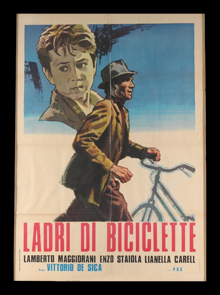 “Ladri di biciclette” è un film del 1948 diretto, prodotto e in parte sceneggiato da Vittorio De Sica, su sceneggiatura di Cesare Zavattini, Luigi Bartolini e Oreste Biancoli. È considerato un classico della storia del cinema ed è ritenuto uno dei massimi capolavori del neorealismo cinematografico italiano. 
Tra gli interpreti principali ricordiamo Lamberto Maggiorani, Enzo Staiola, Lianella Carell.
Il manifesto originale è conservato nell’Archivio della Mediateca Regionale Pugliese....