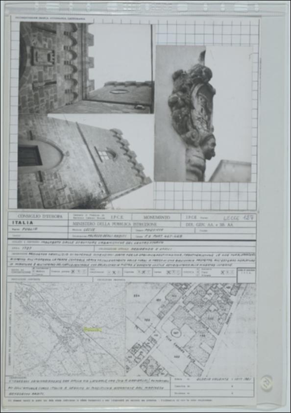 La scheda in oggetto è parte del volume “Censimento delle opere fortificate in Puglia”, risultato dell'attività promossa dalla Regione Puglia tra il 1981 e il 1982, per individuare e descrivere le principali costruzioni in muratura presenti nel territorio. Composta da due fogli sciolti, è redatta da Gloria Valente nel settembre 1981. Palazzo degli Arditi è situato a Presicce in provincia di Lecce, nel centro storico. Il complesso baronale risale ai primi anni del XVIII secolo rispecchiando pienamente lo stile settecentesco. La struttura fortificata si sviluppa secondo una planimetria rettangolare e presenta due torri collegate tramite una balconata protetta. I prospetti con muratura faccia a vista sono arricchiti da elementi decorativi ripetuti ritmicamente, in particol...