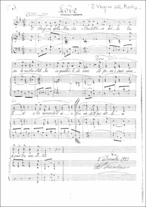 <div class="ql-editor"><div><strong>“O Vergine della Madia”</strong> – spartito del 2 dicembre 1923, firmato Fiorentino.</div><div>Canto devozionale dedicato alla Madonna della Madia, tra i più eseguiti durante le celebrazioni patronali di Monopoli. Lo spartito risale ai primi anni del Novecento e fa parte della tradizione musicale locale, eseguito da cori parrocchiali e bande cittadine per accompagnare la rievocazione dell’arrivo miracoloso della Madonna nel porto della città.</div><div><br></div><div>La festa patronale in onore della Madonna della Madia, patrona di Monopoli, nasce dalla tradizione del <strong>1117</strong>, quando secondo la devozione la Vergine giunse nel porto della città su una zattera di travi destinate...