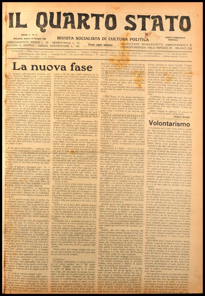 ll documento digitale è parte della collezione dell’emeroteca storica posseduta dall’Istituto pugliese per la storia dell’antifascismo e dell’Italia contemporanea di Bari (IPSAIC). Nello specifico la risorsa in oggetto riproduce il numero 12 del settimanale di attualità politica, fondato da Pietro Nenni e Carlo Rosselli, “Il Quarto Stato – Rivista socialista di cultura politica”, distribuito per un solo anno. Nel numero pubblicato il 12 giugno 1926, in seconda pagina, l'articolo di Prometeo Filodemo "Bendetto Croce" (refuso o sapiente gioco di parole?) analizza l'opuscolo autocritico dell'autore dal titolo "Contributo alla critica di me stesso", edito da Laterza nel 1926, in cui si evince che le vicende familiari di Benedetto Croce indubbiamente influenzarono la sua ven...