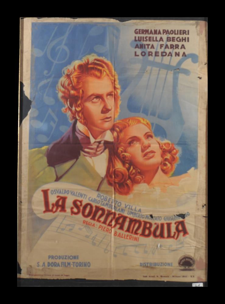 Manifesto a firma di Alfredo Capitani, ritrae la coppia di protagonisti: Vincenzo Bellini interpretato da Roberto Villa e la Contessina Ornella con il volto di Luisella Beghi circondati da note musicali. Alfredo Capitani è tra le prime leve dei pittori di cinema e si occupa anche di scenografia e grafica. Nel 1919 apre uno studio per la realizzazione di manifesti pubblicitari e il suo stile si caratterizza per l'uso di colori luminosi e sfumati l'uno nell'altro con effetti di mirabile enfasi pittorica. Il manifesto originale è conservato nell’Archivio della Mediateca Regionale Pugliese....