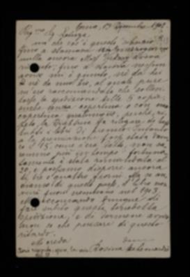Nella cartolina, Rosina De Leonardis lamenta all'editore Laterza la mancata spedizione delle cinque copie del volume all'Istituto Internazionale di Roma.