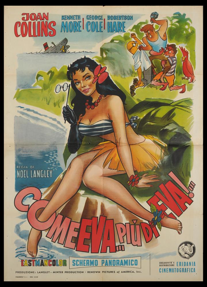 L'immagine riproduce uno dei manifesti conservati presso la Mediateca Regionale Pugliese (vedi Note). Si tratta del manifesto del film "Come Eva... più di Eva", in cui appare una illustrazione di Kremos. Nome d'arte di Niso Ramponi, fu un disegnatore dalle qualità eccezionali; seppe contraddistinguersi per il suo stile fumettistico che esaltava la donna, con forme sensuali volutamente accentuate, in pieno stile pin-up. Non a caso, fu ironicamente soprannominato il "Sovrano di donnine" de Il Travaso, uno dei più popolari giornali umoristici italiani del Novecento. La collaborazione con il giornale iniziò nel 1948 e le sue figure femminili in copertina portarono ad un aumento notevole delle tirature. Riconoscibili, le donne di Kremos sono affascinanti e procaci, incarnano...