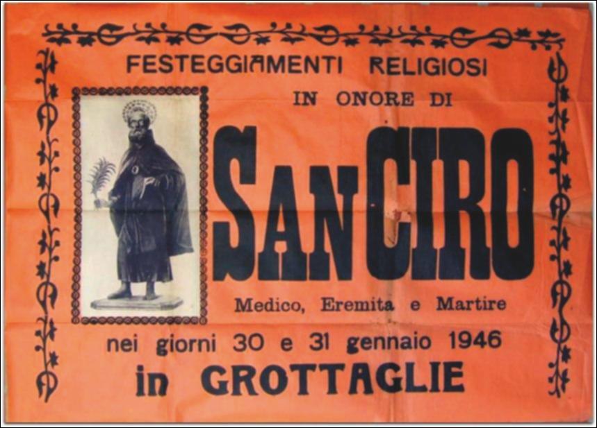 <div class="ql-editor"><div> Locandina storica che documenta i <strong>festeggiamenti religiosi in onore di San Ciro</strong> nei giorni del 30 e 31 gennaio 1946. Le celebrazioni prevedevano la <strong>traslazione della statua alla Cattedrale Maria Santissima Annunziata</strong>, il novenario predicato dai religiosi, la Santa Messa pontificale e la solenne processione per le vie della città, con migliaia di devoti scalzi e candele accese. Un momento che testimonia la profonda devozione della comunità grottagliese e la continuità di una tradizione secolare.</div><div><br></div><div>Ogni <strong>31 gennaio</strong>, Grottaglie celebra il martirio di <strong>San Ciro</strong>, patrono principale della città. La festa unisce devozione e tradizione popola...