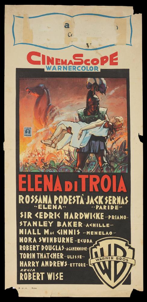 L'immagine riproduce uno dei manifesti conservati presso la Mediateca Regionale Pugliese (vedi Note). Si tratta della locandina del film "Elena di Troia", la cui illustrazione è a firma di Martinati, che si presenta uguale a quella del manifesto, sempre il collezione. Toscano di nascita, Luigi Martinati può considerarsi uno degli interpreti più significativi della prima maniera del manifesto di cinema. La composizione si discosta dalle altre sue tipiche produzioni per un risultato dai forti effetti decorativi: sullo sfondo di una Troia in fiamme, le splendide figure in primo piano sono nettamente delineate da contorni neri sottili; nel complesso, Martinati usa colori netti, luci e ombre, toni scuri per un'opera dall'atmosfera fortemente drammatica ed epica. ...