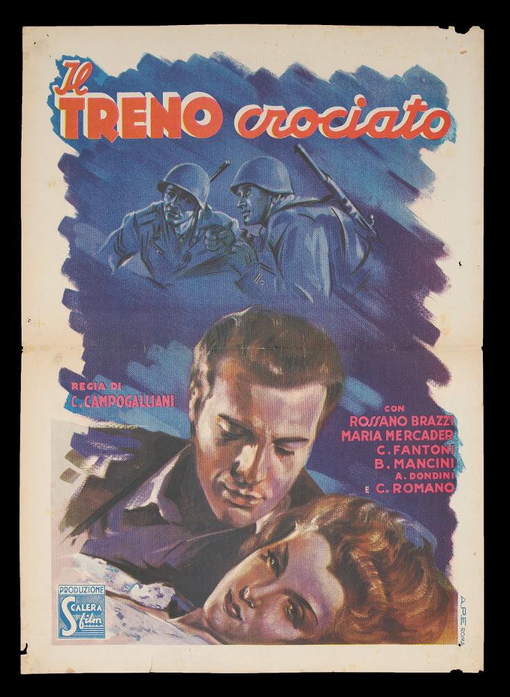 L'immagine riproduce uno dei manifesti conservati presso la Mediateca Regionale Pugliese (vedi Note). Si tratta della locandina del film "Il treno crociato". Senza firma, la locandina rivela un'impostazione narrativa piuttosto classica, con pennellate larghe che sembrano richiamare i colori netti della tempera. Nel fondo blu intenso si riconoscono le sagome di due soldati, mentre in primo piano i due protagonisti sono il ritratto di una vicenda d'amore nata al tempo della guerra....